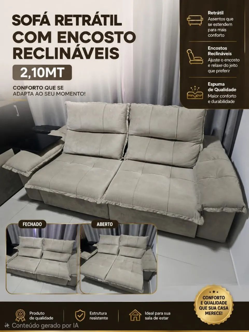 Sofá Retrátil com Encosto Regulável. 