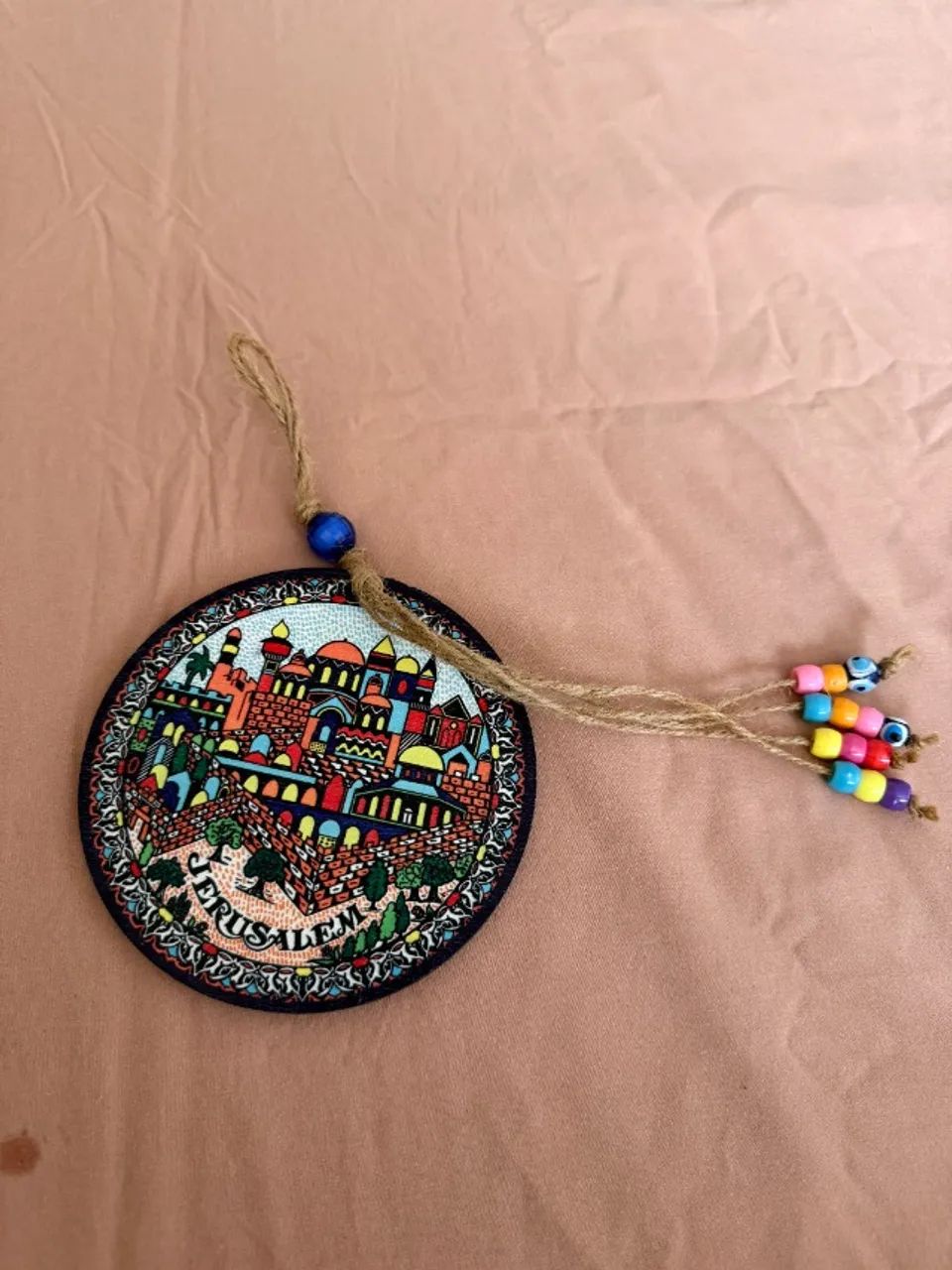 placa decorativa de madeira de Jerusalém - nova (13 cm de diâmetro)