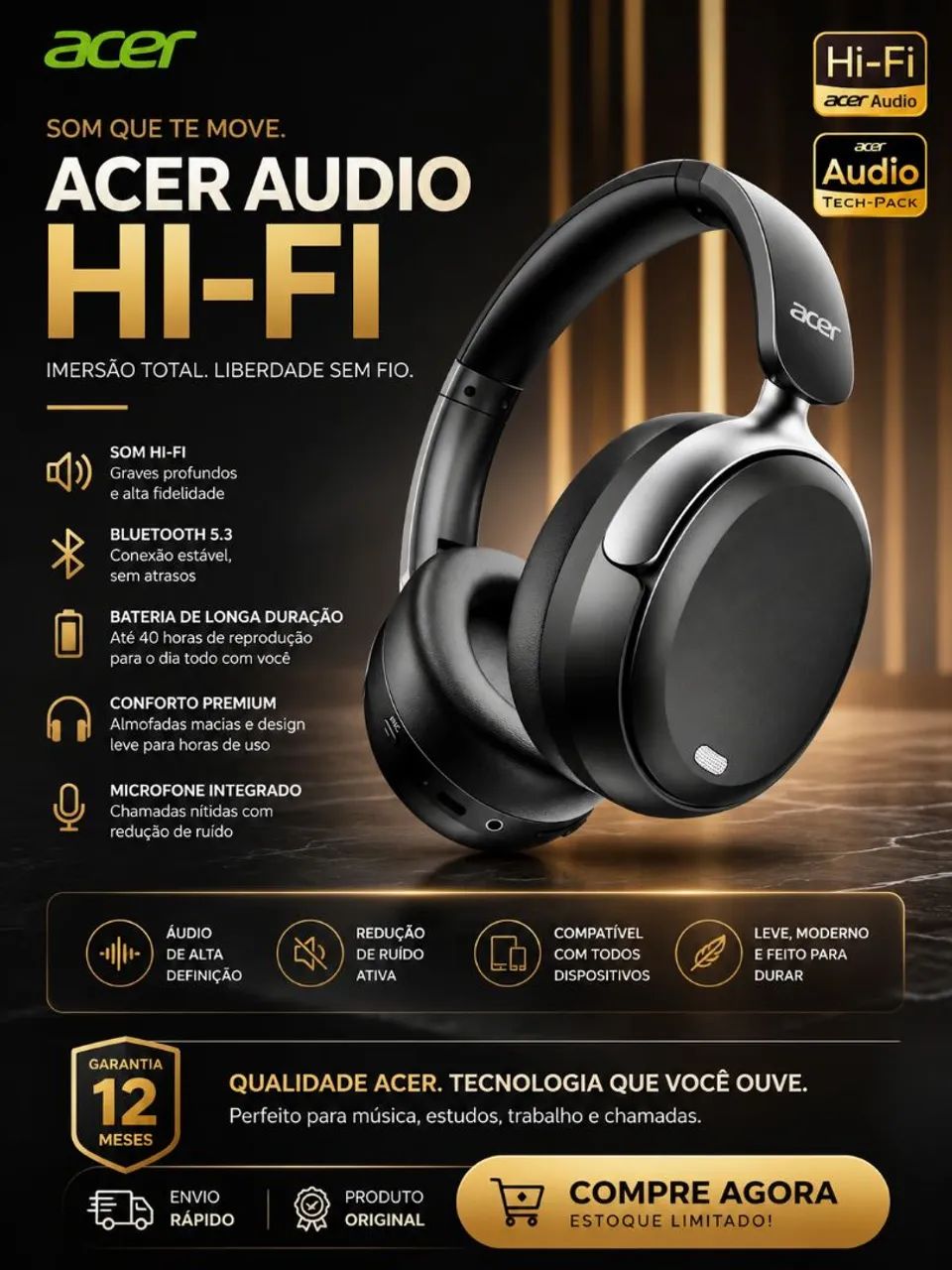 Vendo Headset Bluetooth Acer OHR516 Com ANC
