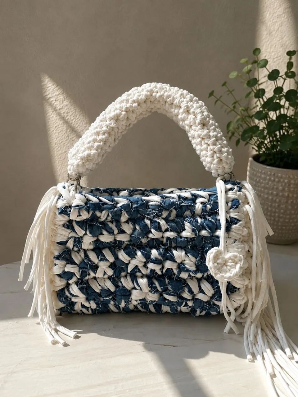 Bolsa jeans e fio de malha