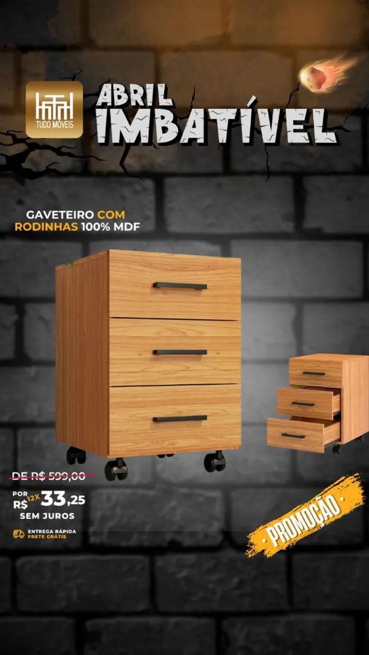 Gaveteiro 100%MDF com rodinhas 