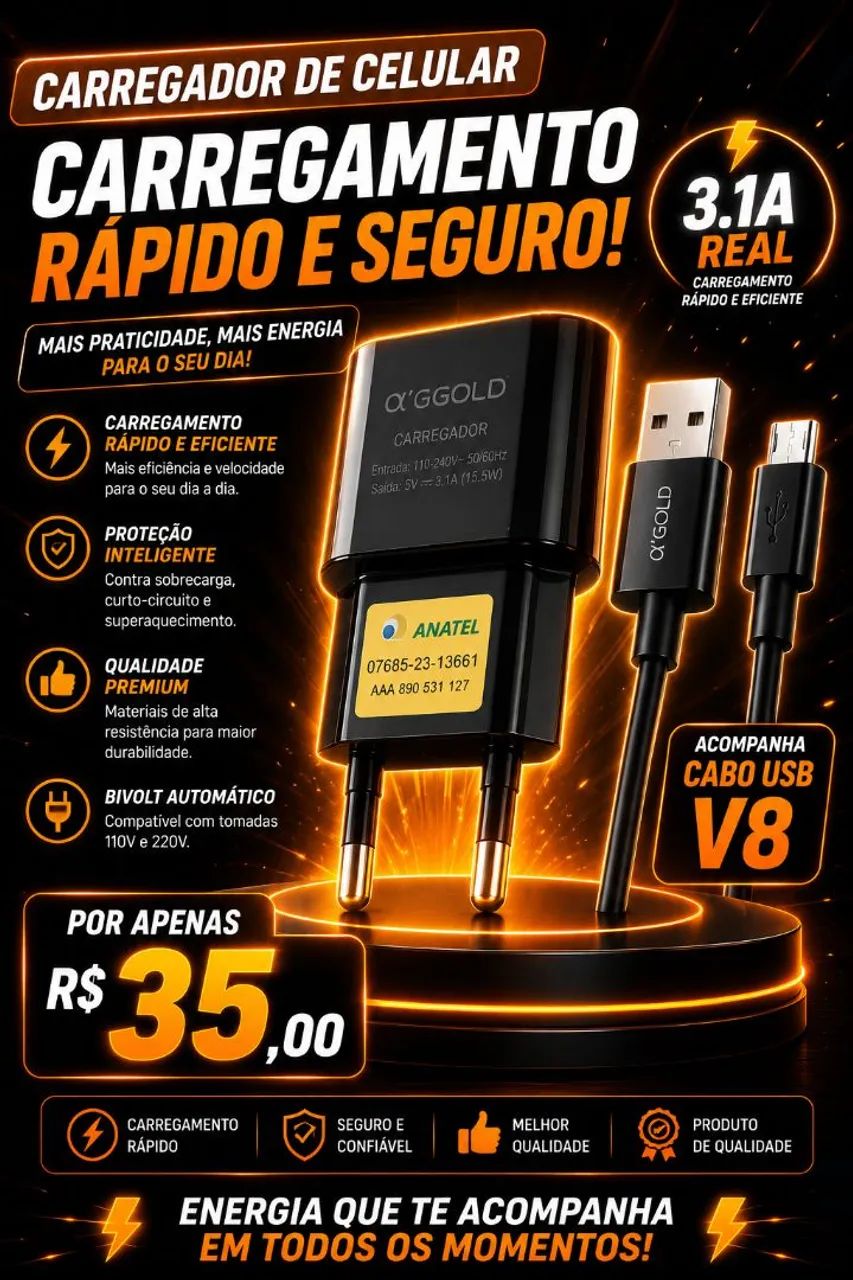 CARREGADOR DE CELULAR COM CABO V8