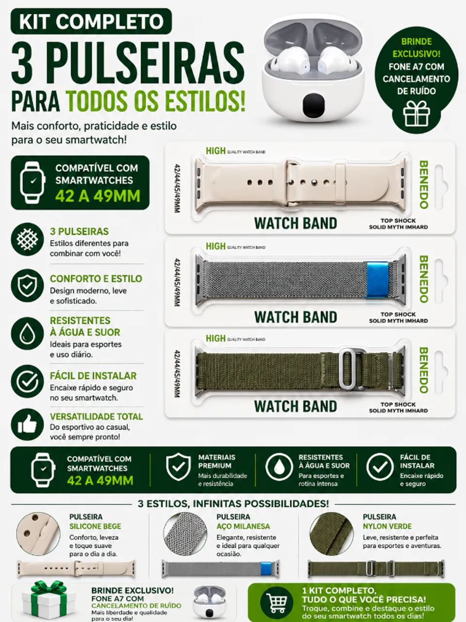KIT PULSEIRAS SMARTWATCH E FONE 