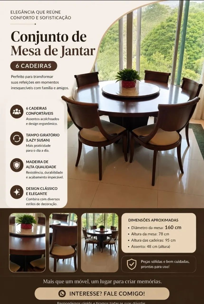 Conjunto Mesa de Jantar Redonda Centro Giratório com 6 Cadeiras - Foto 3