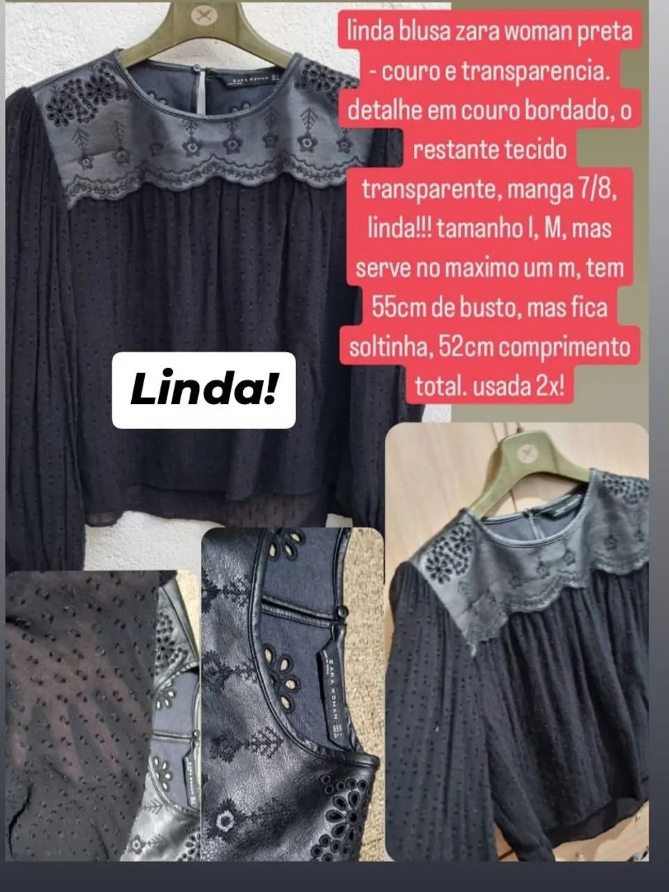 Blusa Zara Woman Preta com Detalhes em Couro