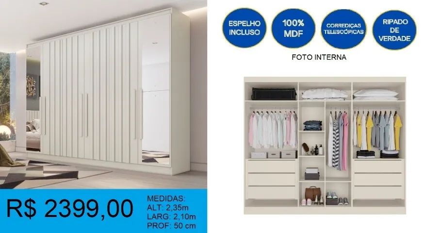 Guarda roupa ripado com espelho - a pronta entrega 