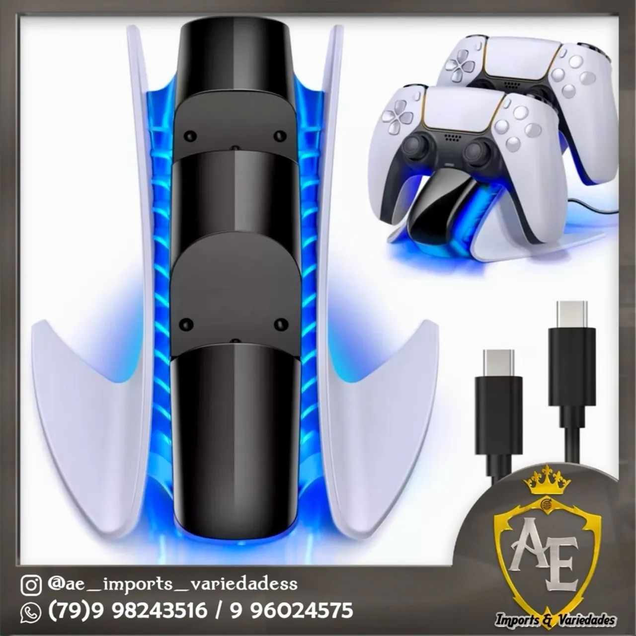 Base de Carregamento Dual para Controle PS5 com LED Azul