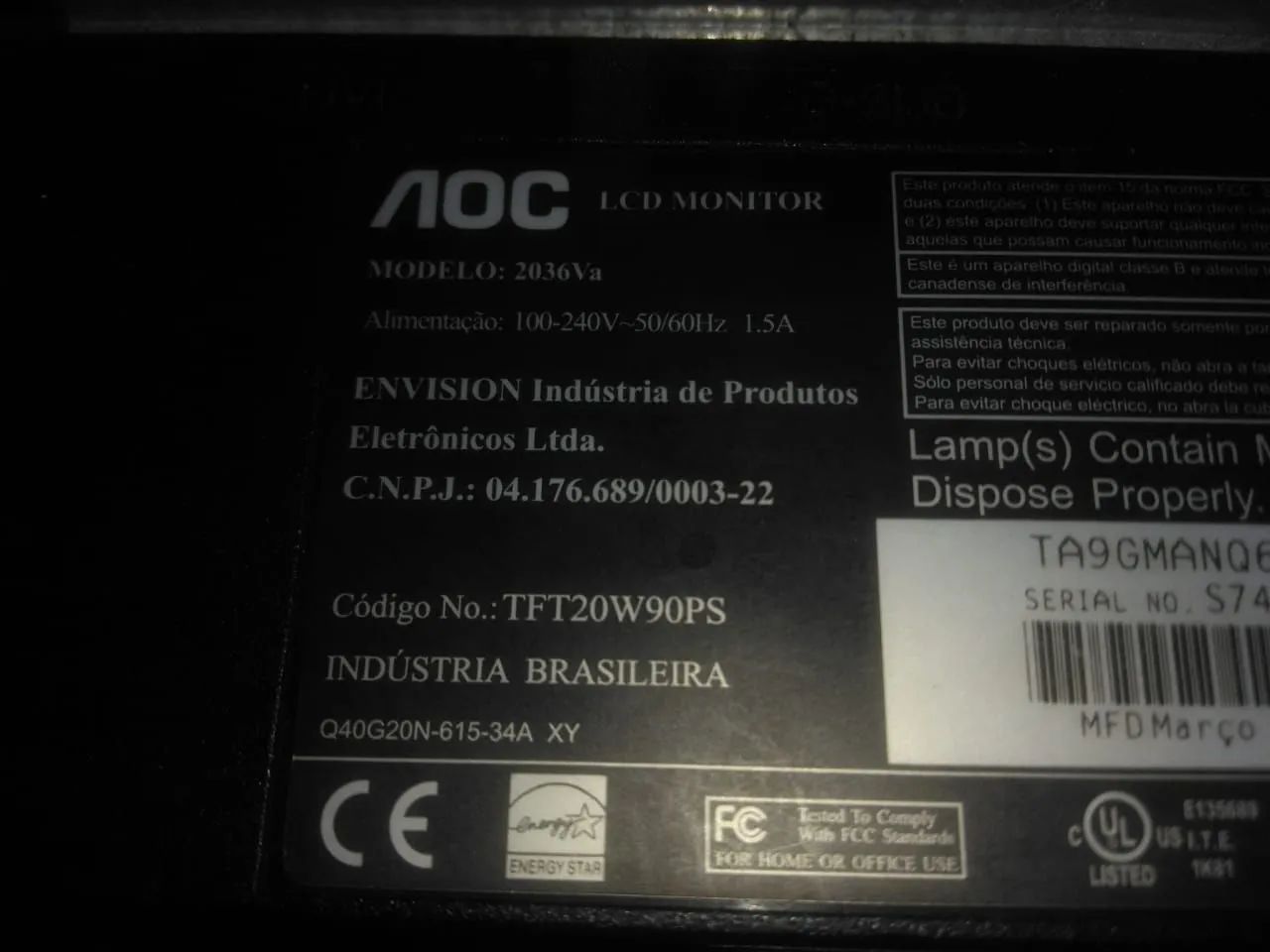 Monitor LCD AOC modelo 2036av - Foto 2