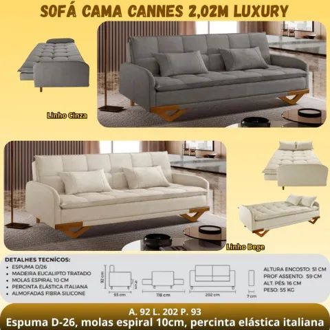 Sofá cama de 2.02m com almofada e tecido no linho 