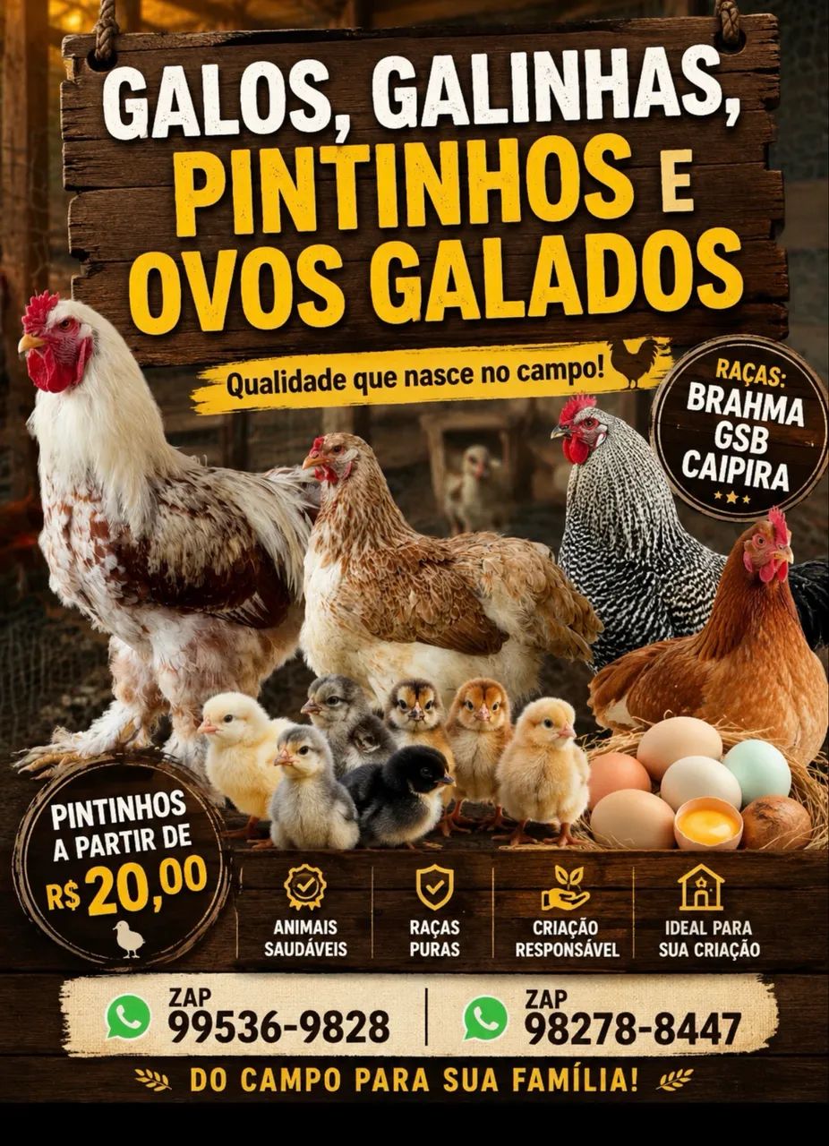 Galos, galinhas e pintinhos Brahma e GSB
