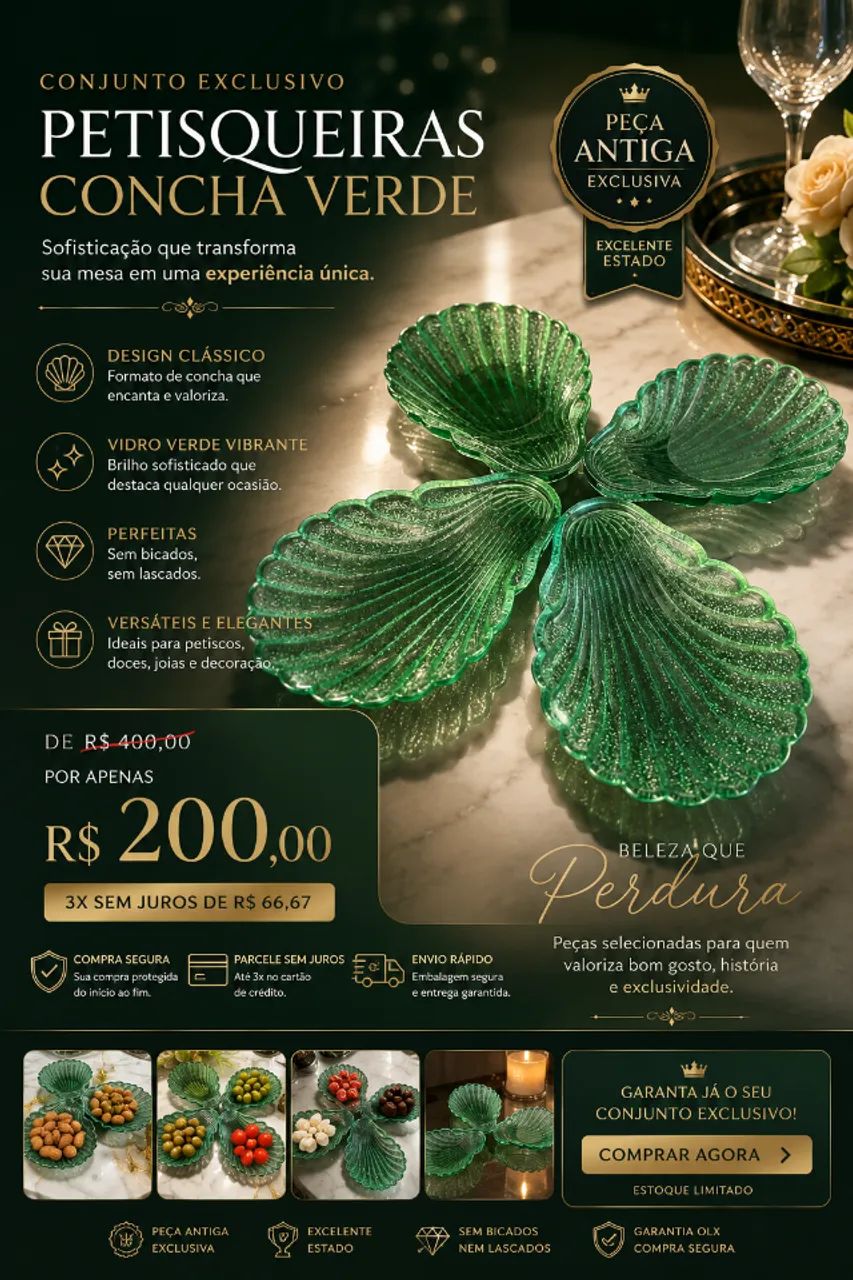 4 Antigas petisqueiras formato de concha Vidrão verde