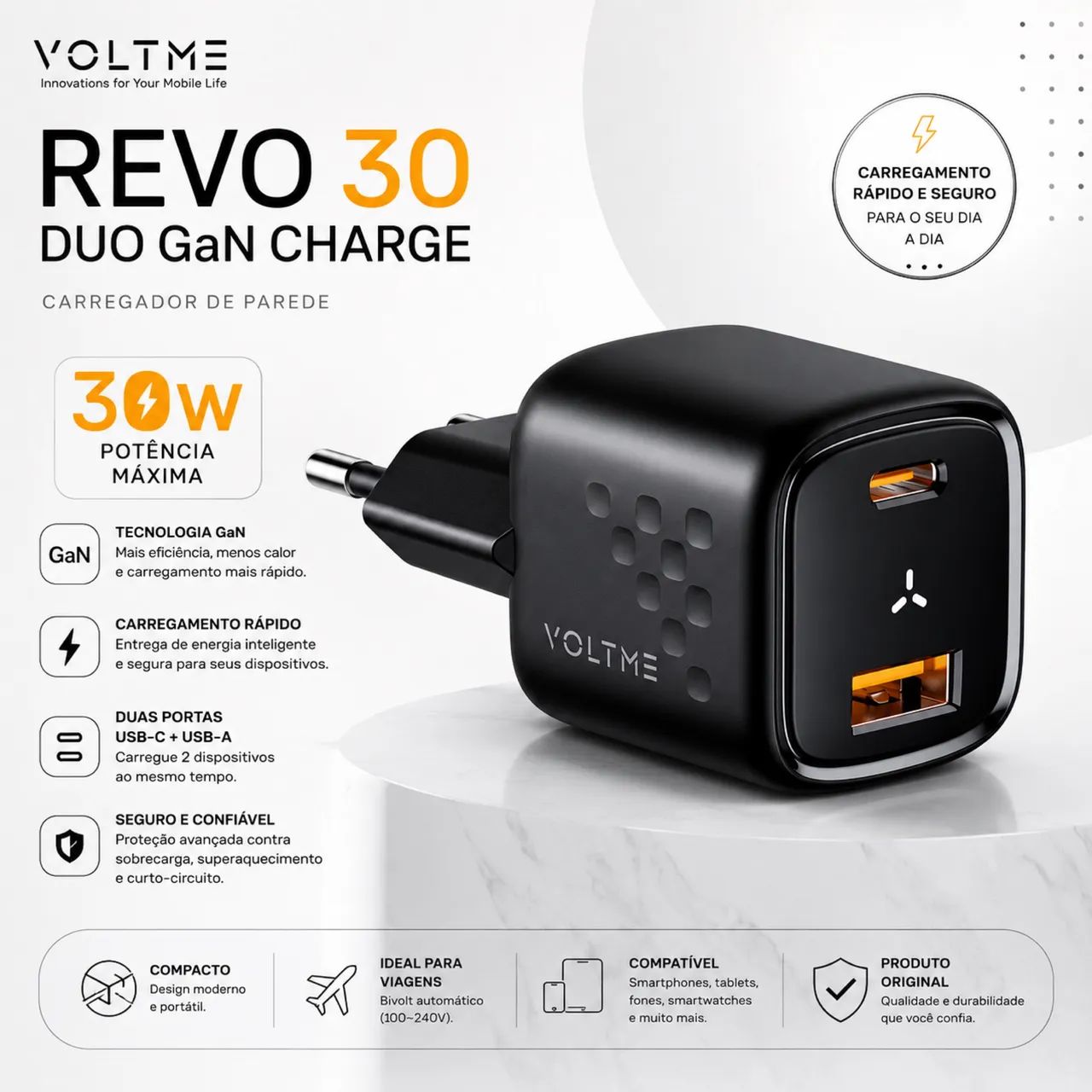CARREGADOR VOLTME 30W GAN TURBO