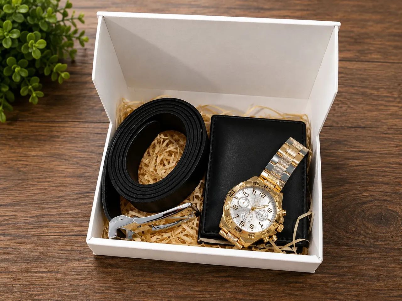 Kit masculino com relógio, carteira e cinto Na caixa