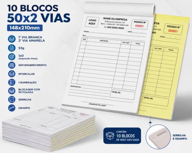 10 talões 15x21 cm , 2 vias personalizado