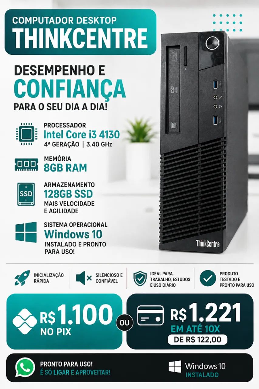 PC LENOVO THINKCENTRE SLIM I3 4°geração 8GB Ram + 120GB SSD