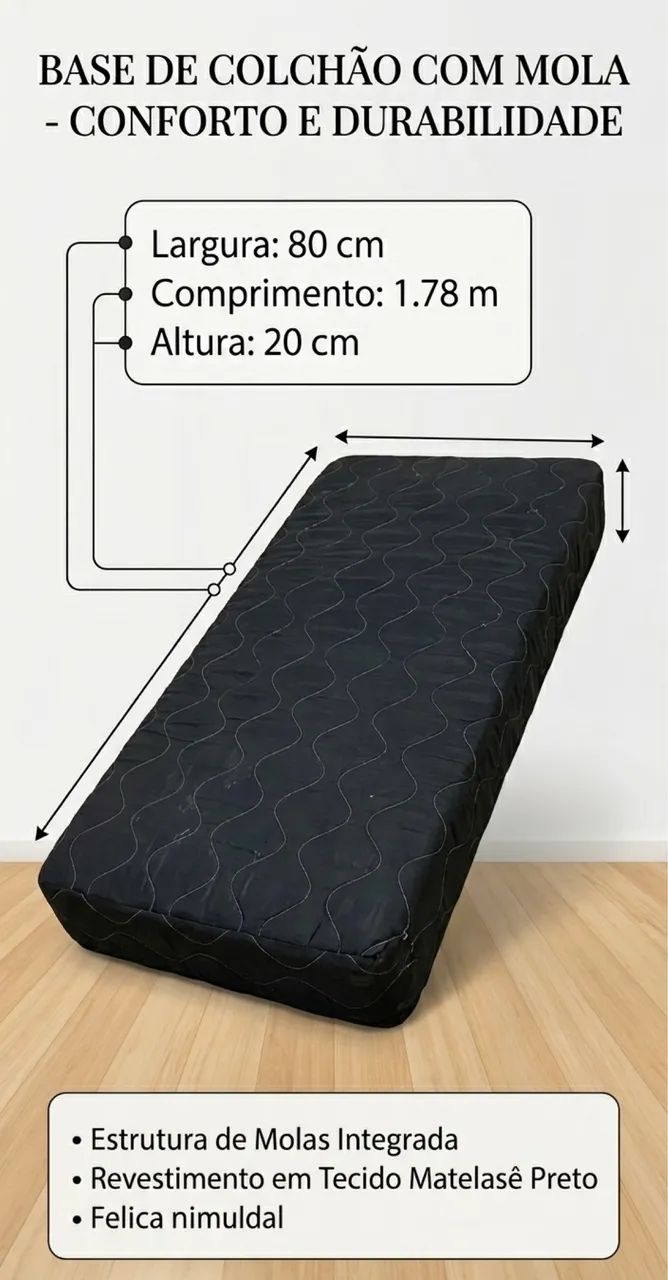 Base de Colchão Solteiro com Mola (Preta) - 80cm x 1,78m