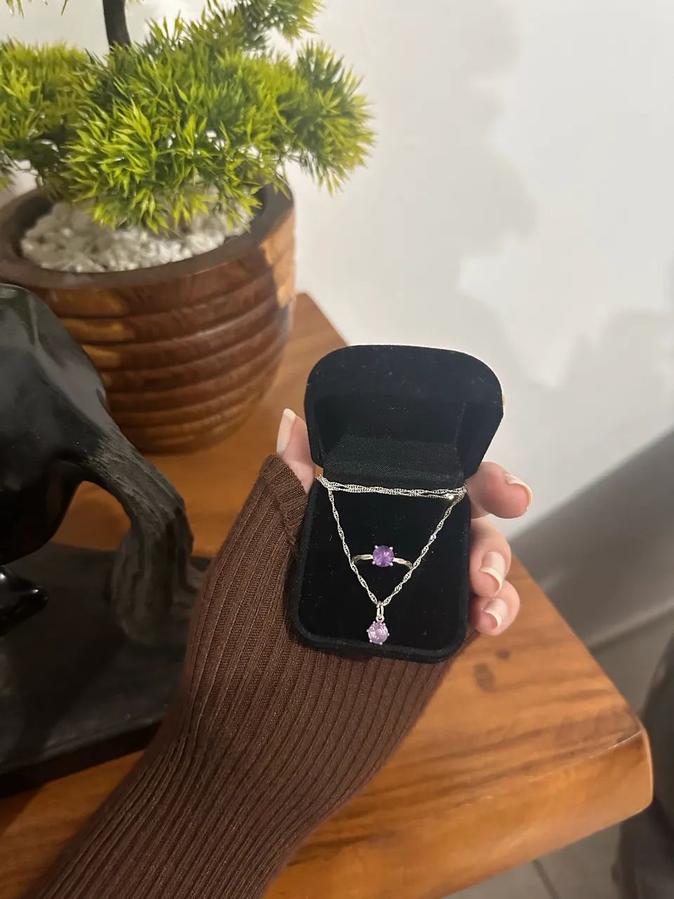 Conjunto anel e colar de ametista em prata 925
