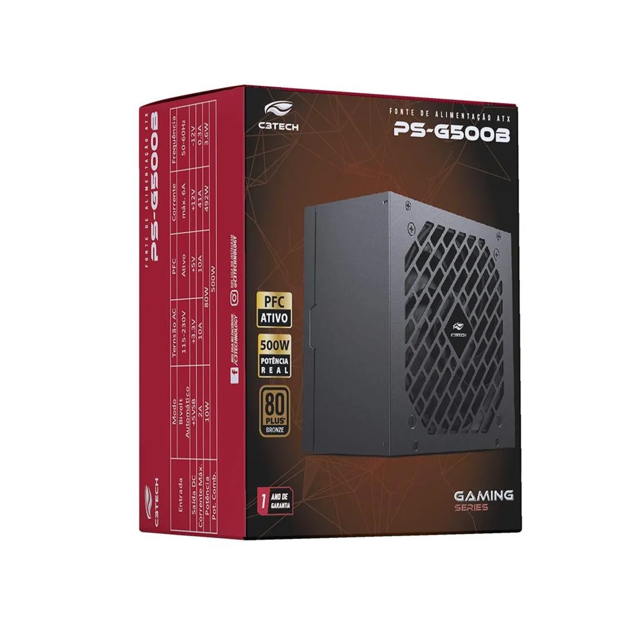 Fonte Gamer ATX 500W Real 80Plus Bronze C3Tech<br>