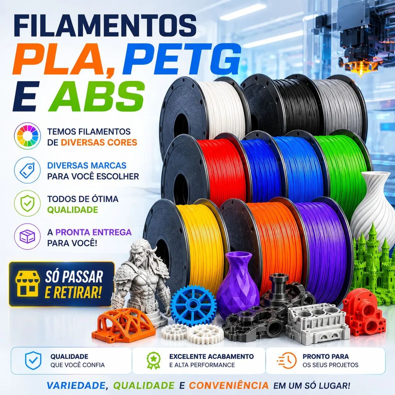 Filamento Impressão 3D, PLA, PETG e ABS