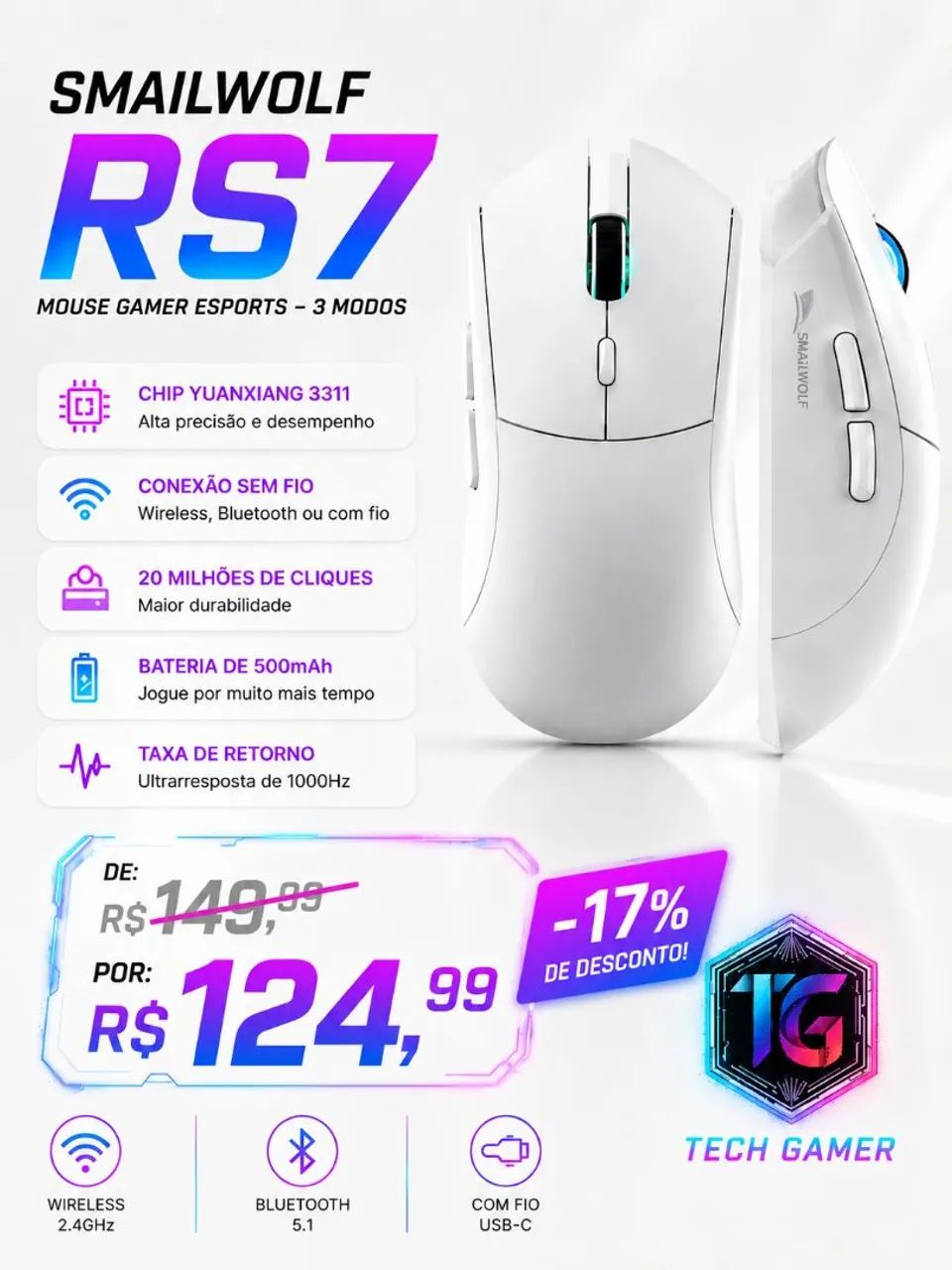 Mouse gamer Smailwolf RS7 Branco 3 modos