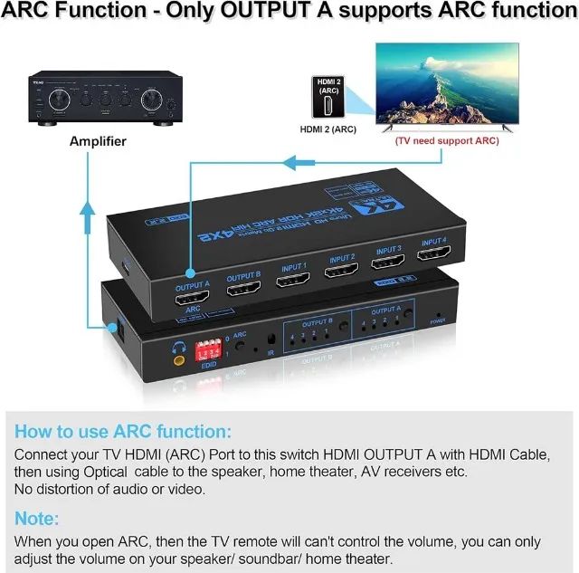 Switch HDMI 4X2 com saída de aúdio HDR ARC 4k 60hz - Foto 3