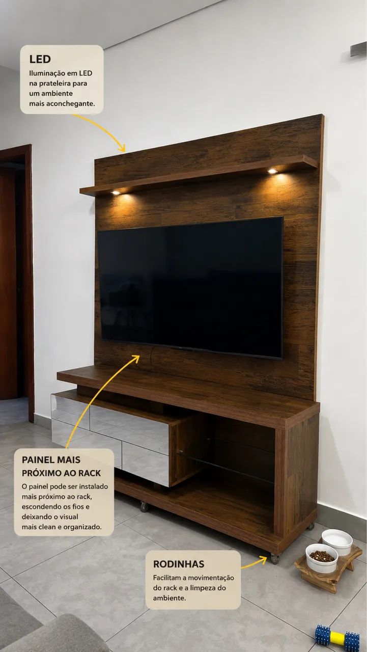 Painel com Rack em MDF com rodinhas, espelho e led - Foto 5