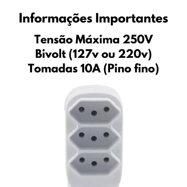 Benjamin Tripolar 4 Saídas 10A Adaptador Tomada T Bivolt Branco - Foto 2
