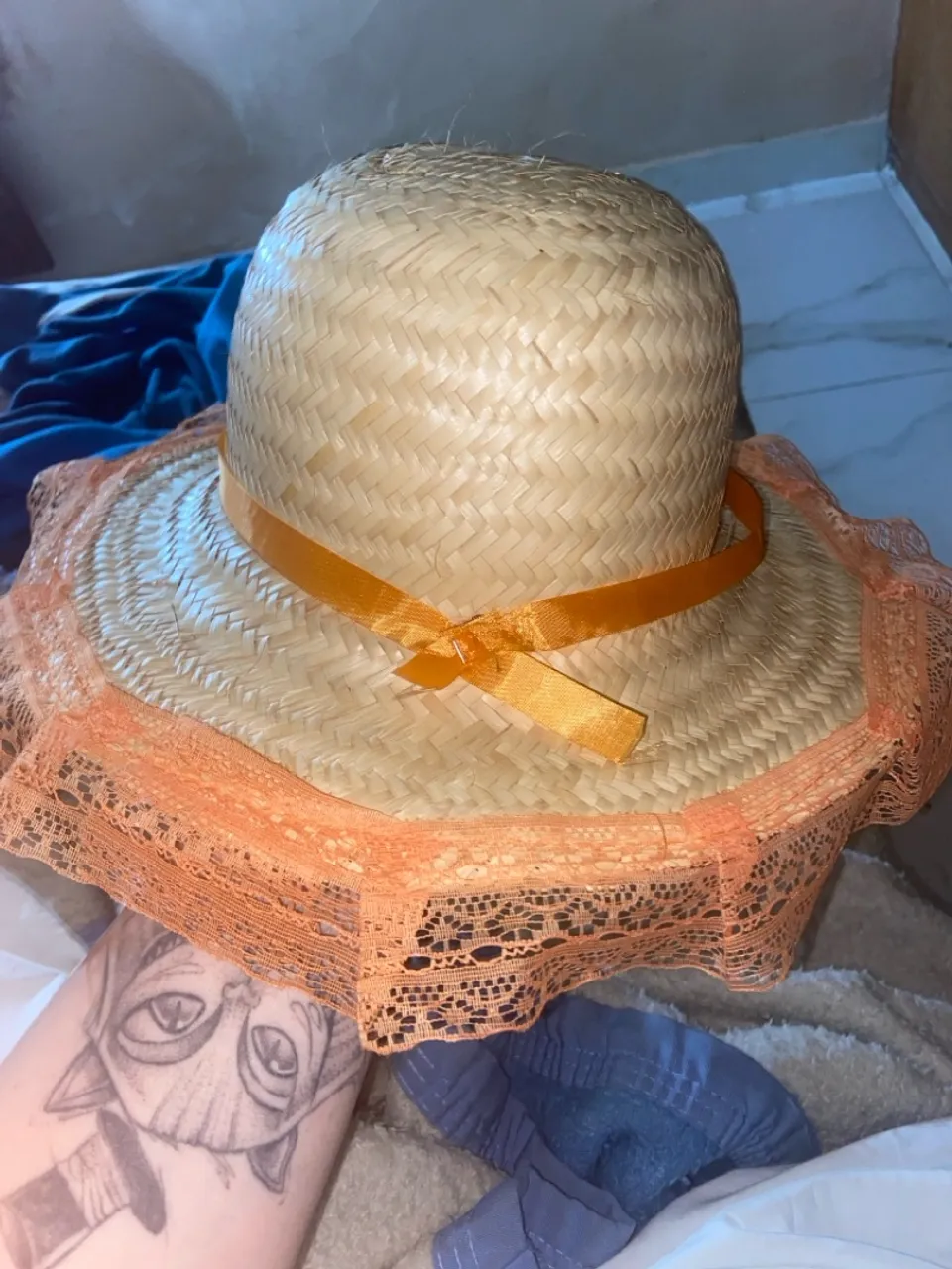 Chapéu de palha São João com detalhes em renda e fita
