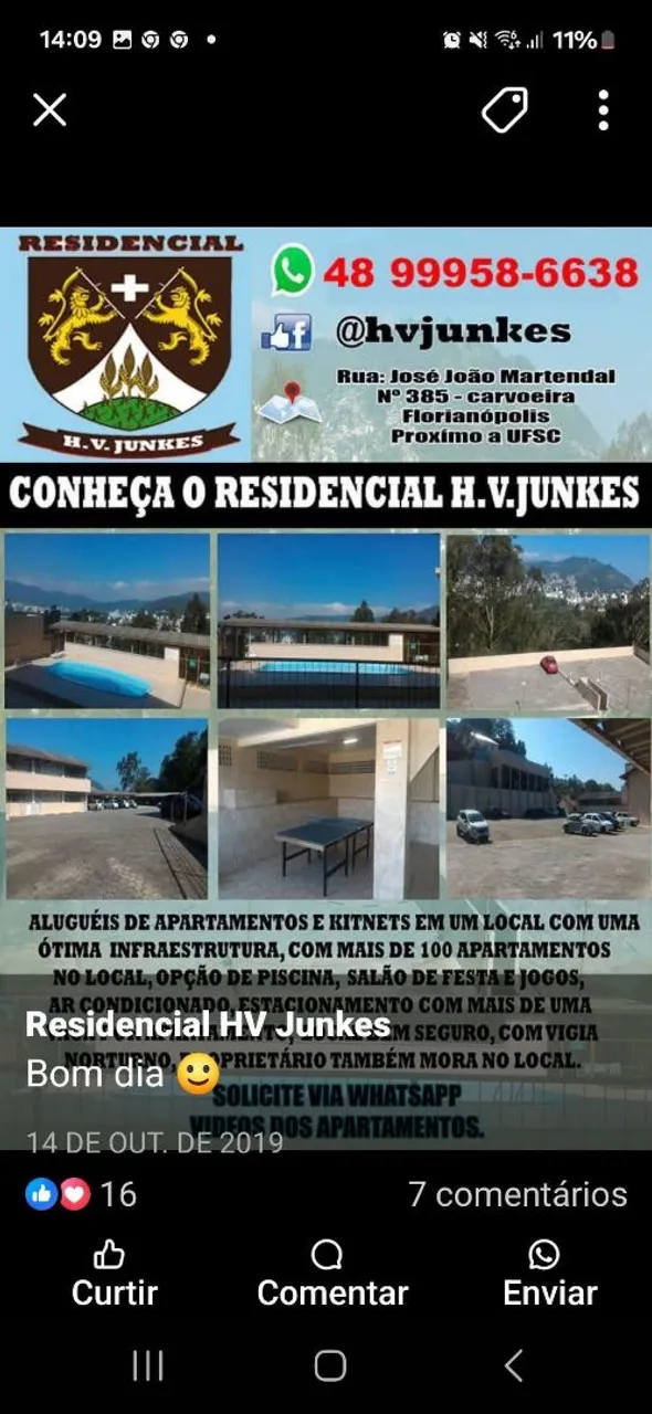 Aptos de um e dois quartos Kitnets mobiliado na trindade só lado da UFSC