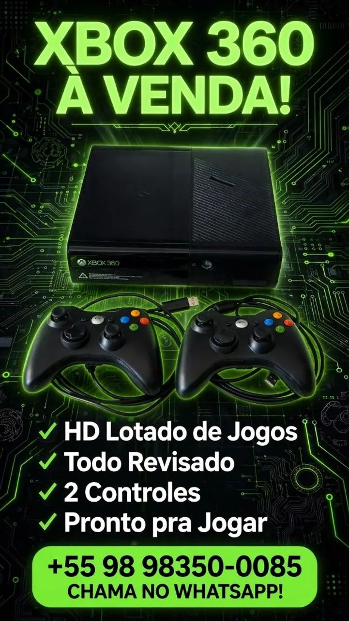 Xbox 360 com dois controles e 79 jogos