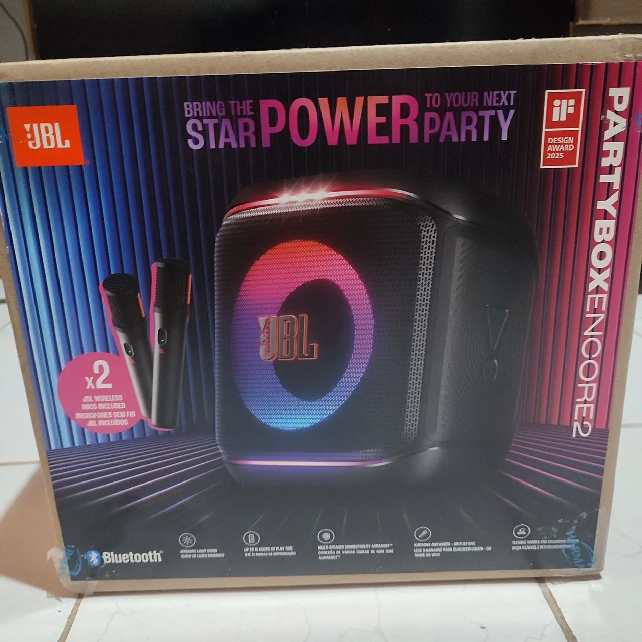 JBL PartyBox Encore (2 Microfones) - Nova / Lacrada
