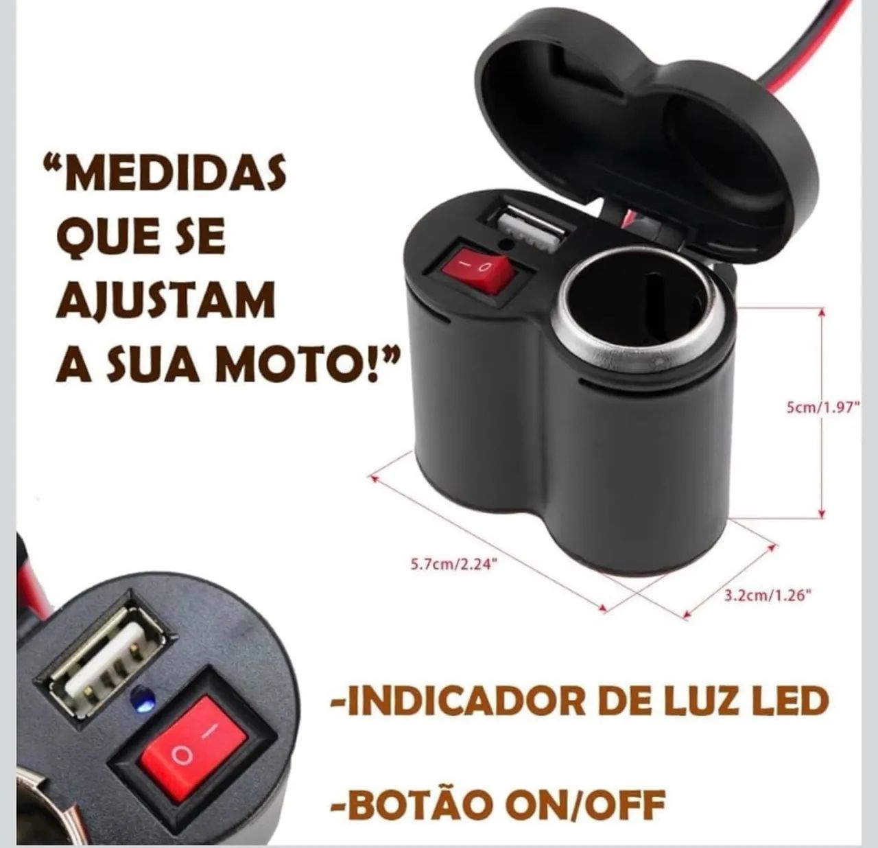 Carregador Para Moto Celular GPS Tomada USB 2.0 Adaptador Acendedor Guidão 