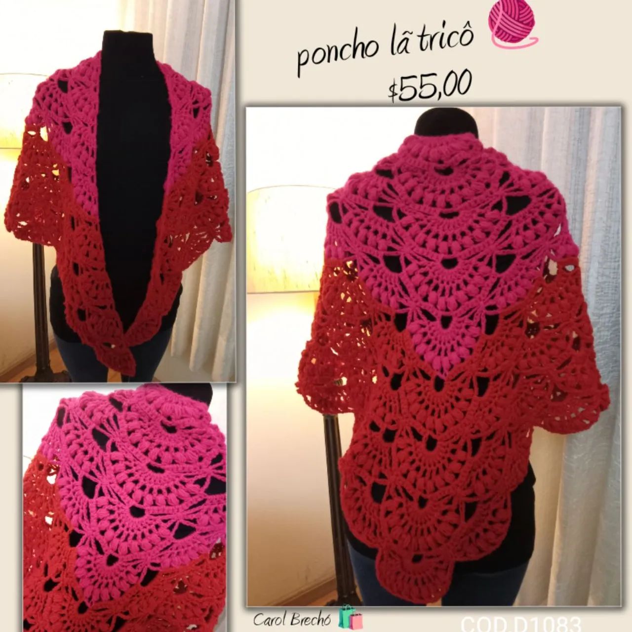 Poncho lã tricô feito a mão 