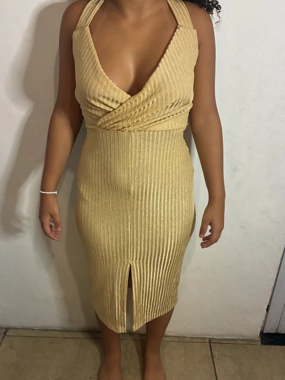 Vestido Botswana Midi transpassado Canelado dourado P - Foto 4
