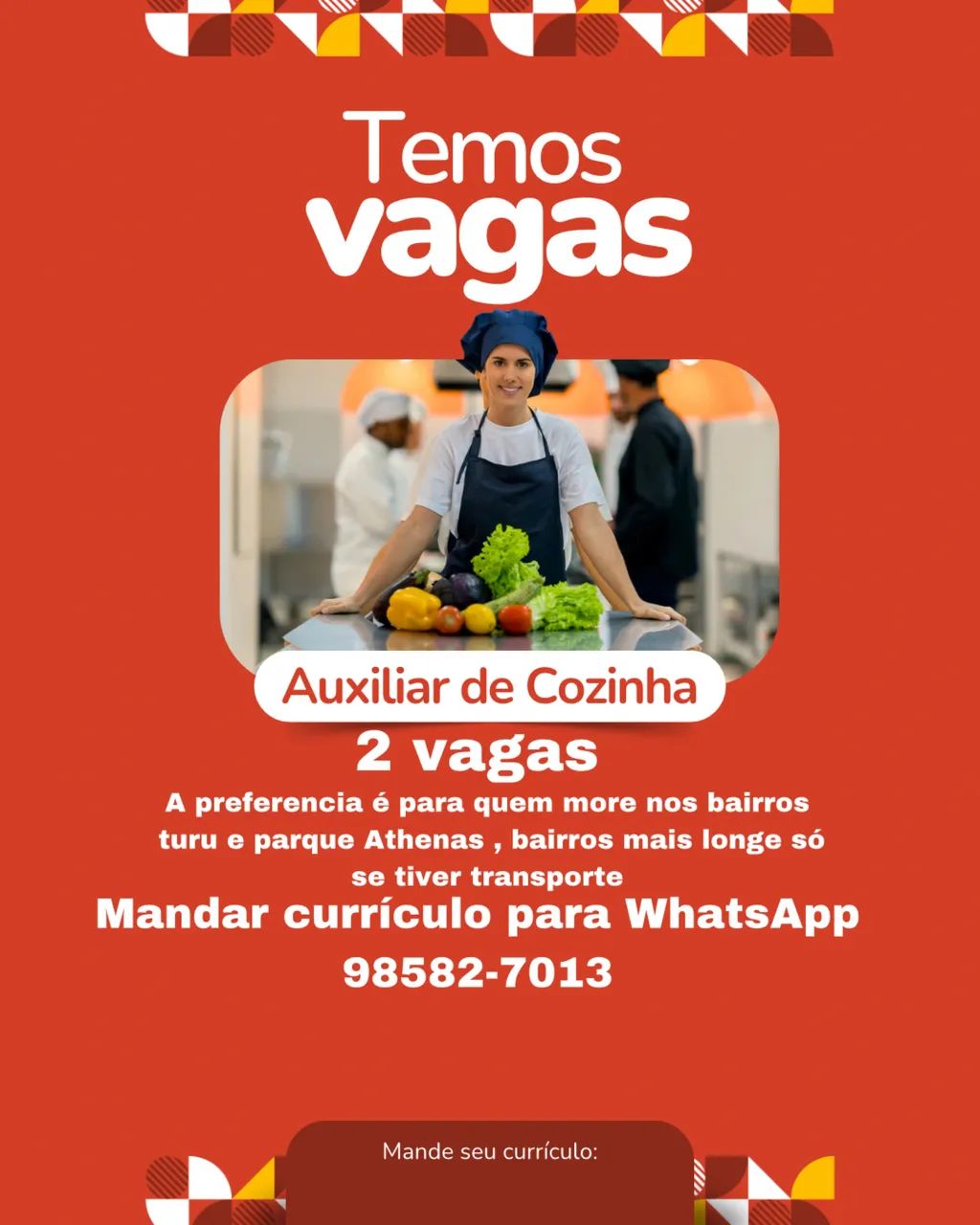Vaga para cozinha contratação imediata