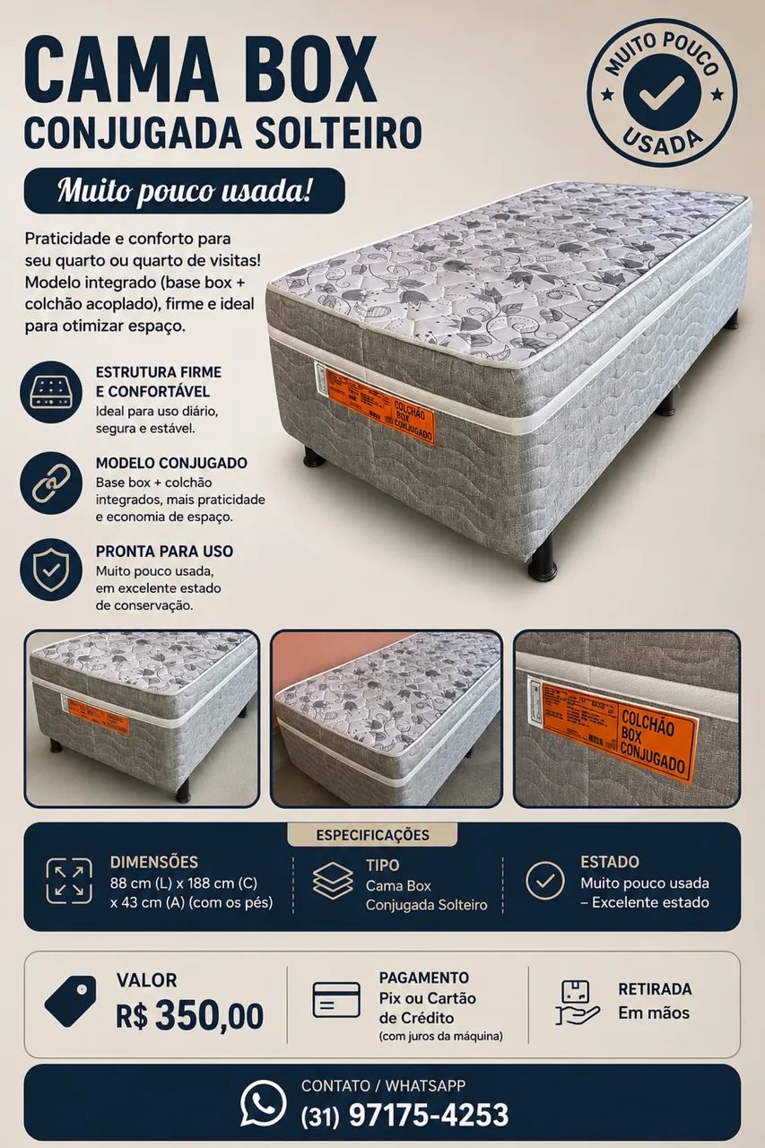 Cama Box Conjugada Solteiro 88x188x43cm - Excelente Estado