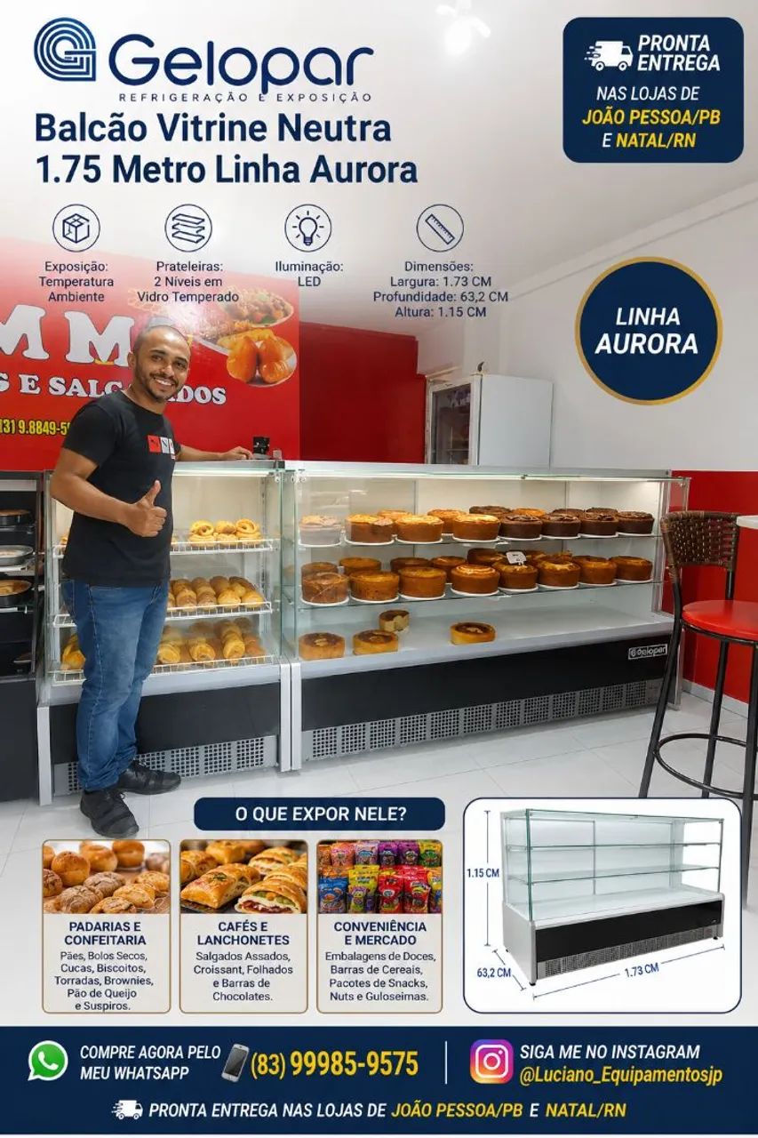 BALCÃO VITRINE NEUTRA 1.75 METRO LINHA AURORA GELOPAR 