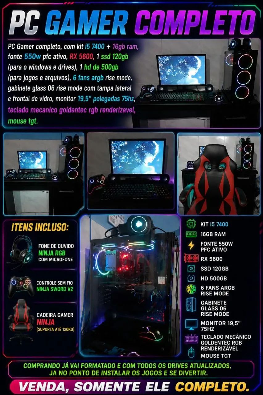 PC GAMER completo com kit i5 7400 + 16gb ram.