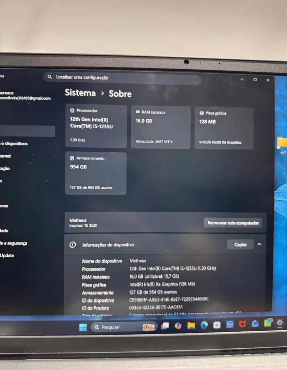 NOTEBOOK INSPIRON 15/ 16GB RAM