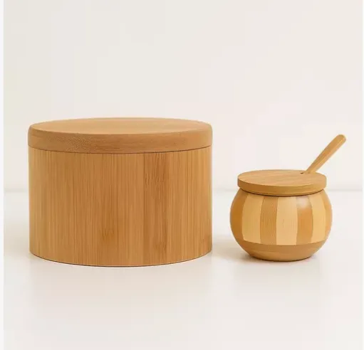 Açucareiro De Bambu Com Tampa E Colher + Porta Tempero