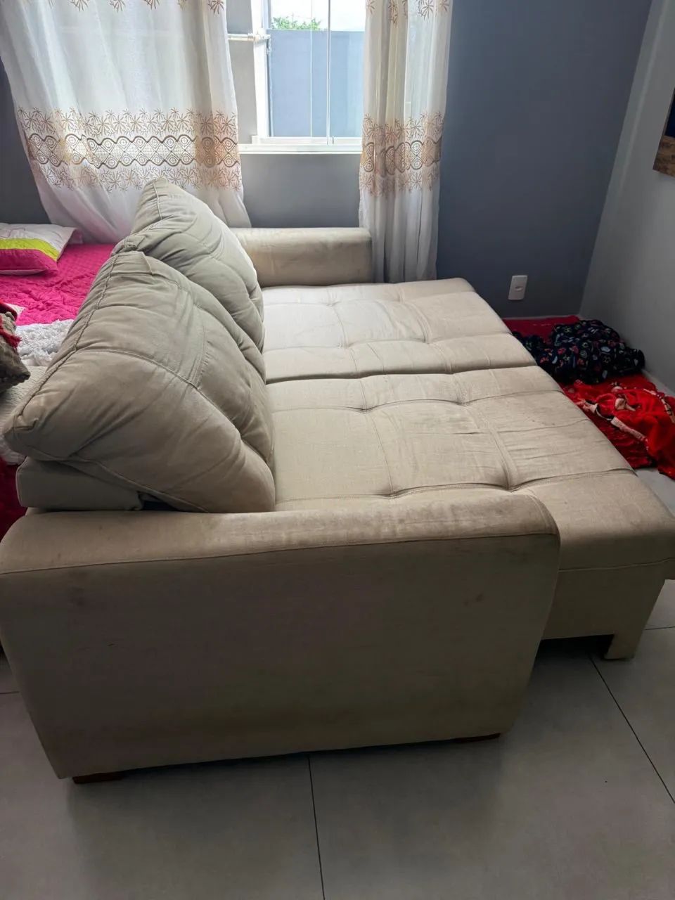 Sofá Retrátil 223 cm - Bege - Foto 3