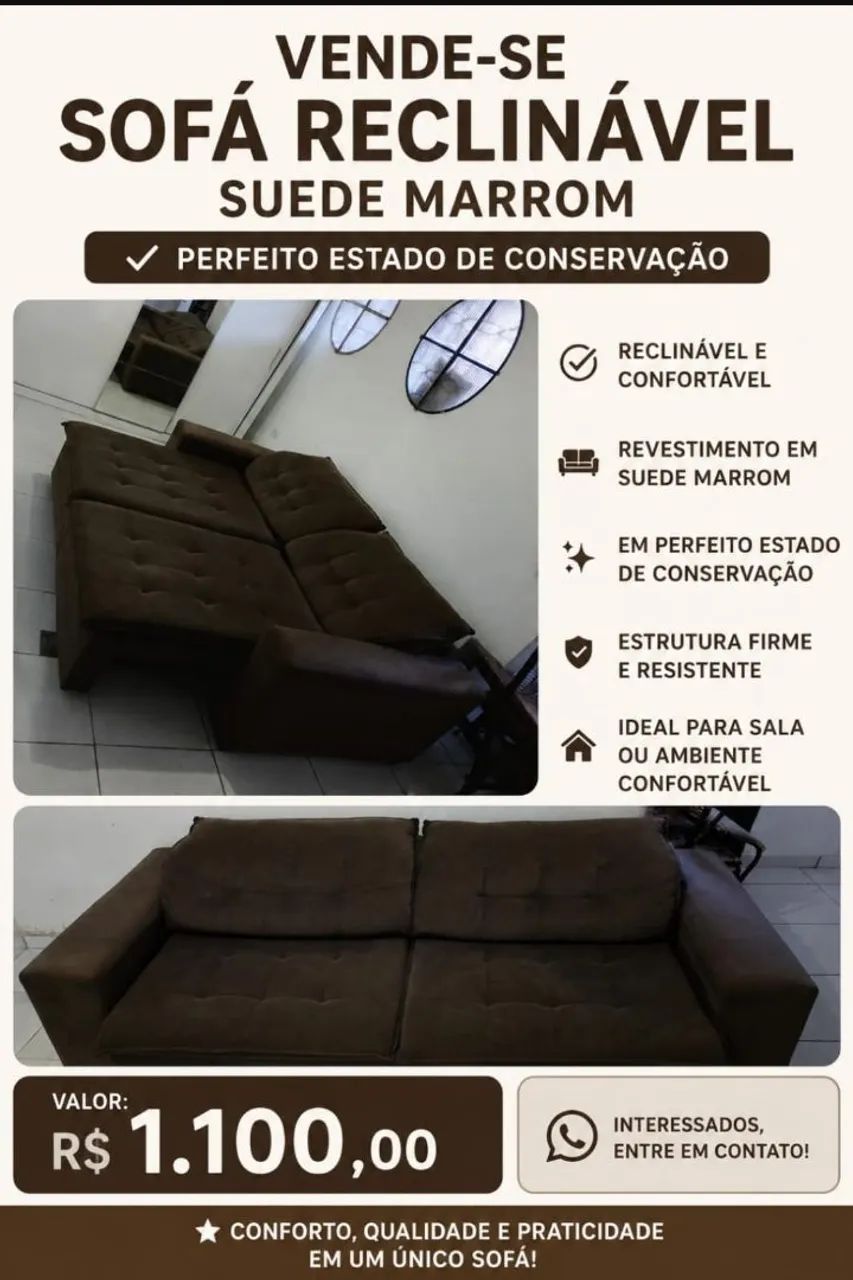 vendo sofá reclinável tecido Suede marrom 