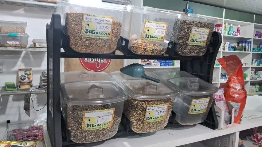 Dispenser / Expositor com 6 Potes para Rações, Grãos, Pet Shop ou Comércio