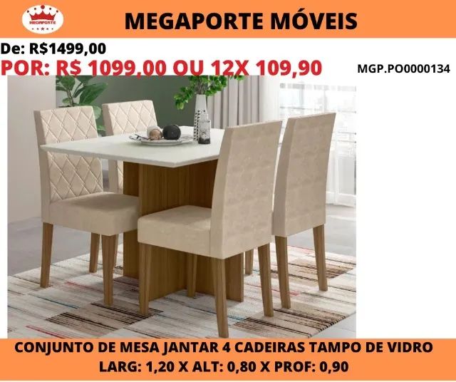 MESA DE JANTAR C/TAMPO DE VIDRO 4 LUGARES 