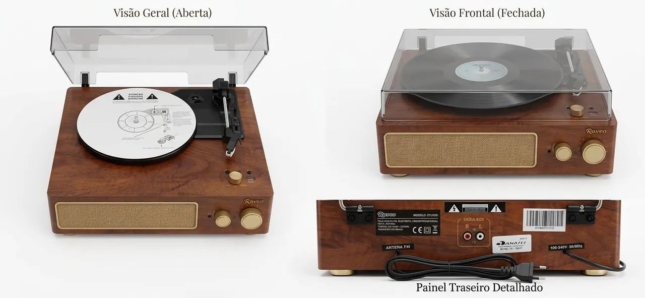 Vitrola Toca-Discos Raveo Studio USB Bluetooth. 