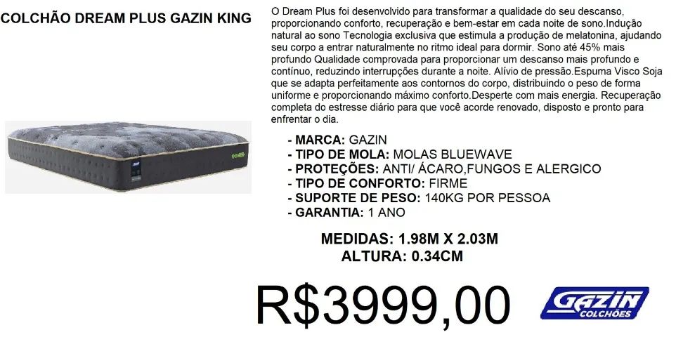 Colchão king molas gazin dream plus - parcelamento até 12X sem juros