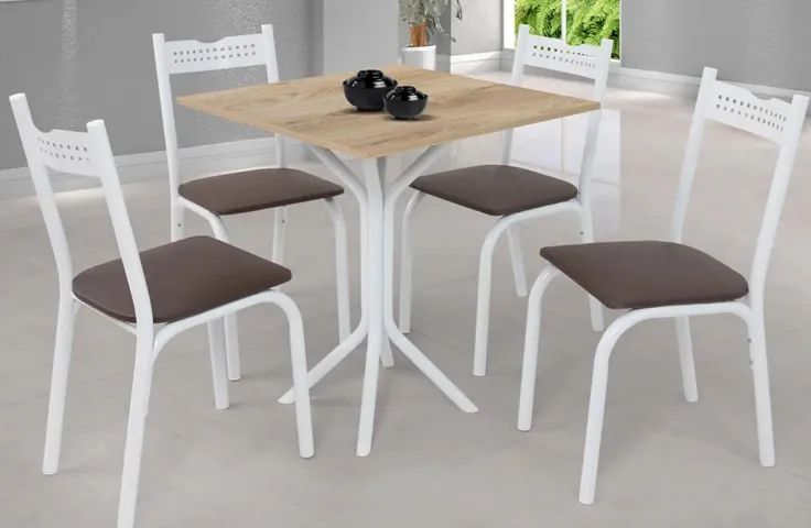 Mesa de Jantar 4 Cadeiras Quadrada - Branco e Marrom Ciplafe Clássica Ana