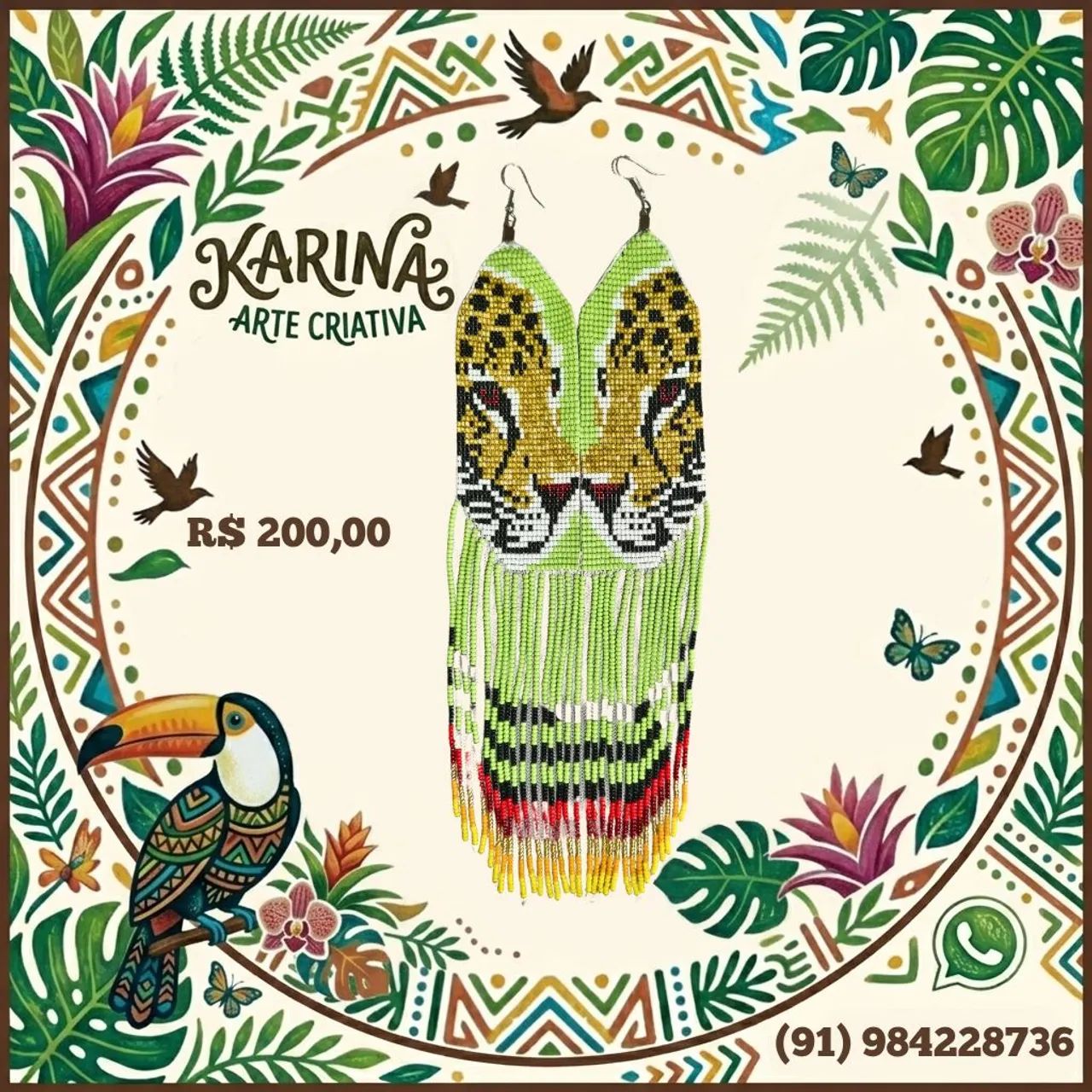 Brinco Artesanal de Miçanga Onça Pintada 