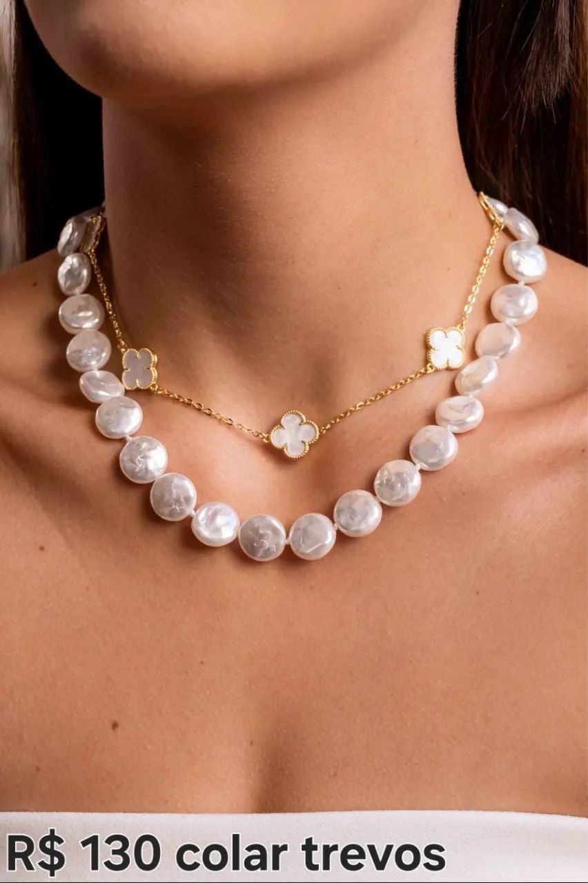 Colar semi joia trevo branco 