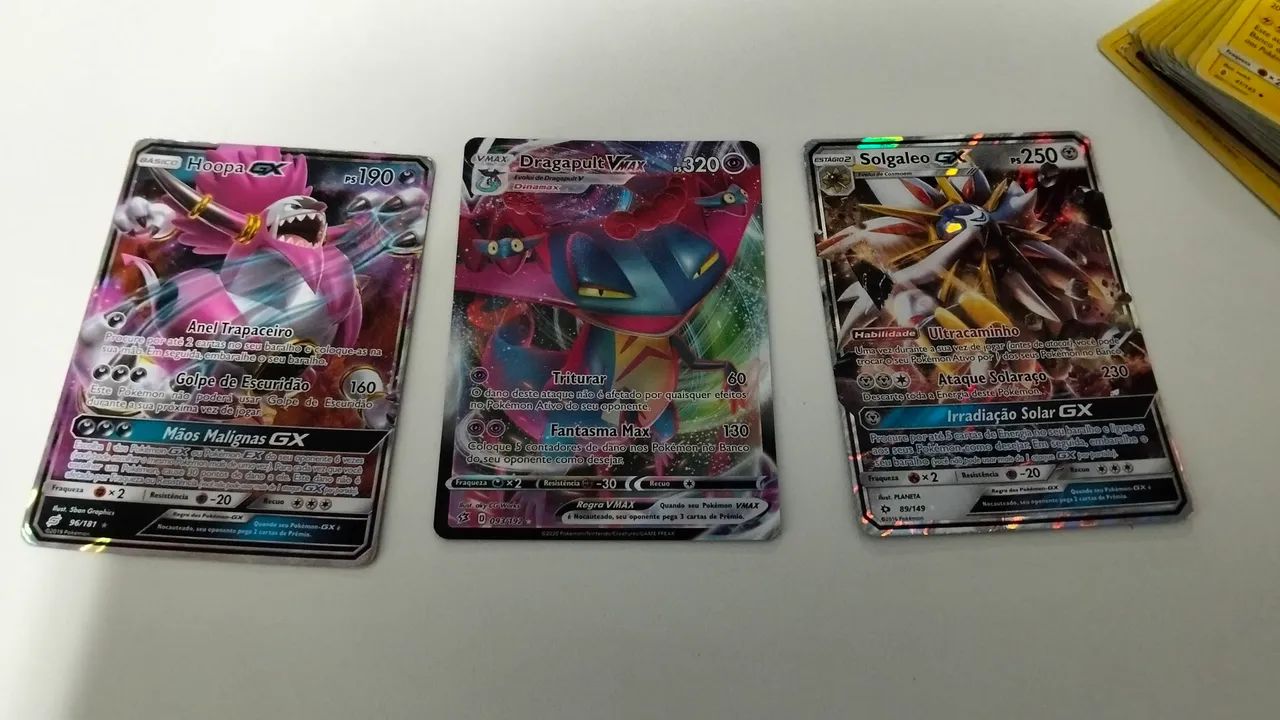 Cartas Pokemon-Dragapult VMAX, Hoopa Gx e Solgaleo GX